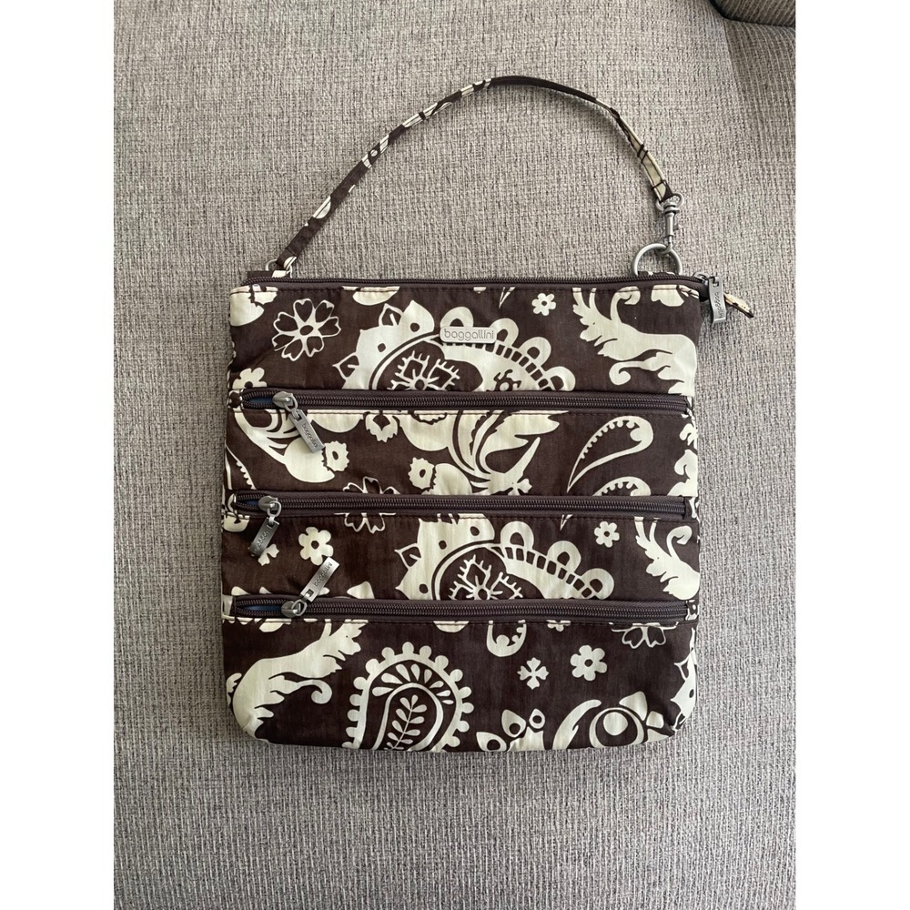 Baggallini Brown‎ Paisley Crossbody Bag Triple Zip Travel Purse